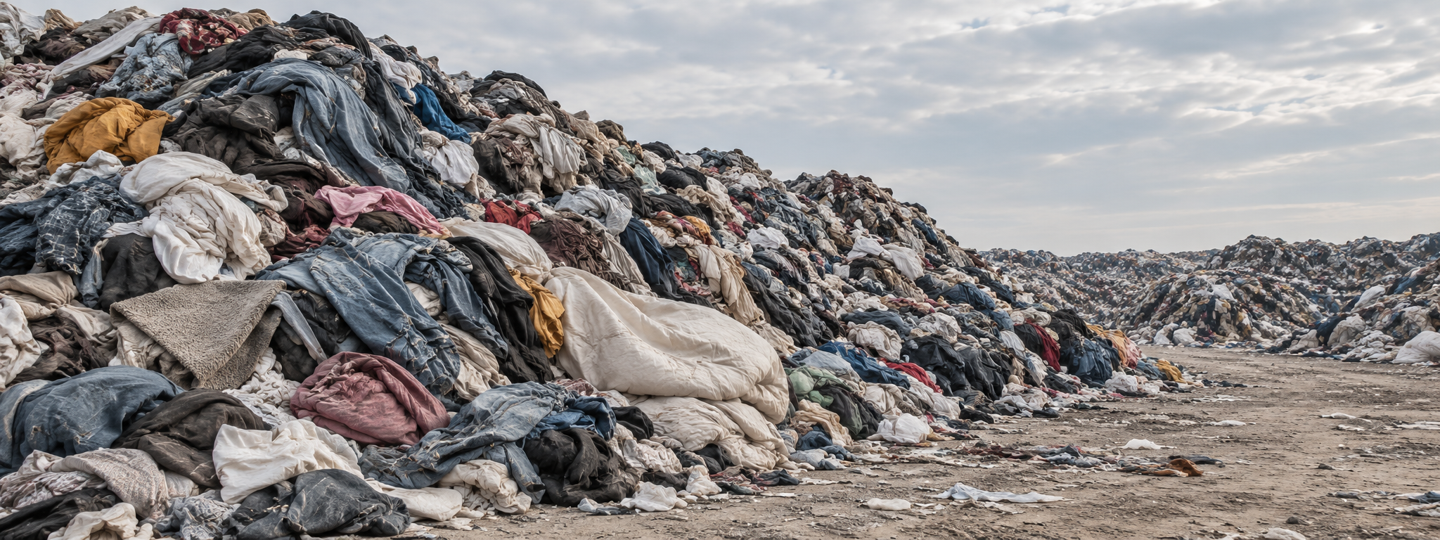 AI-generated illustration of enormous piles of discarded clothing and fabric awaiting disposal in an outdoor waste yard
